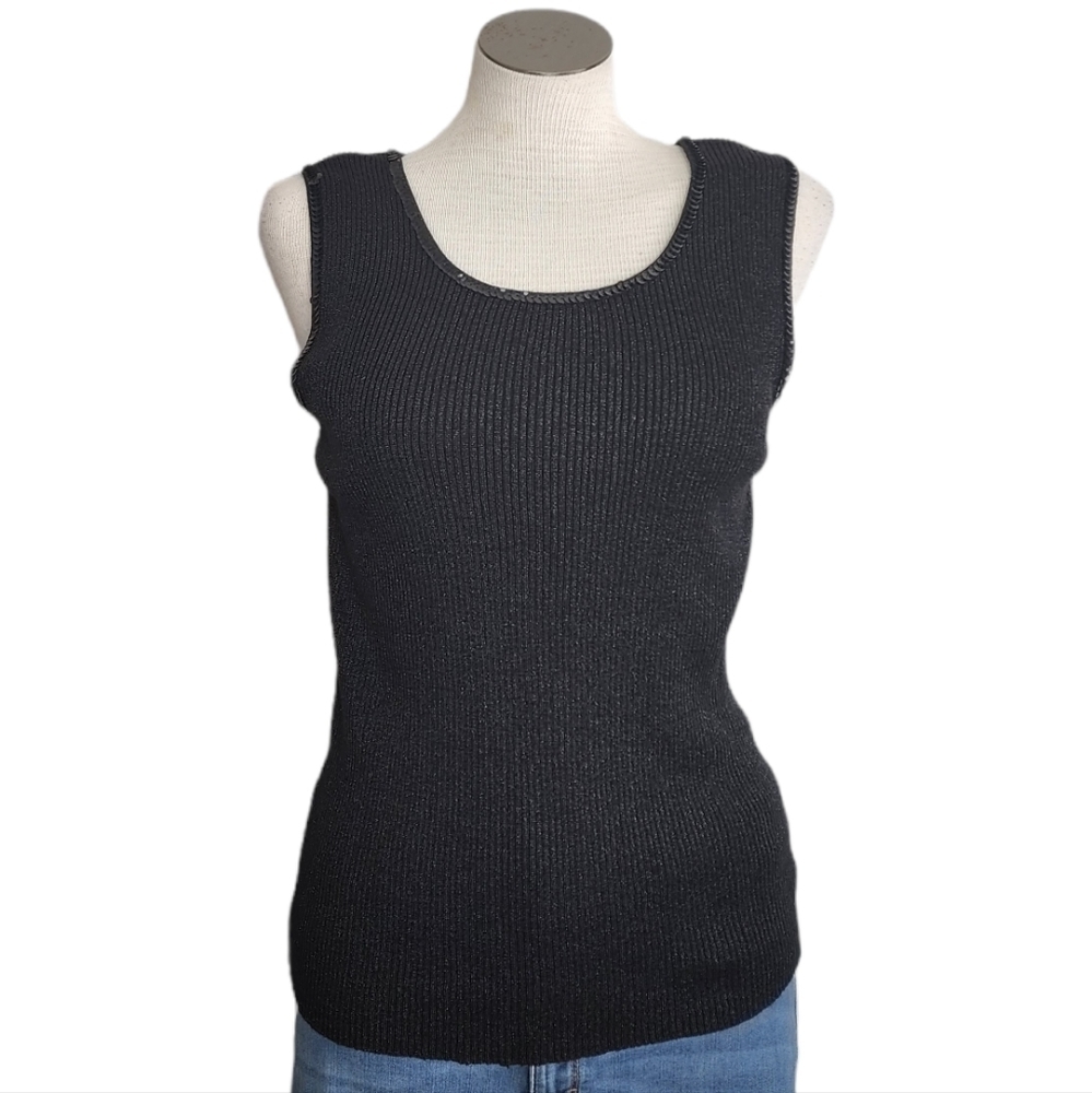 Worthington Vintage Wrinkle Free Sequin Scoop Neck Knit Black Tank Top Size L
